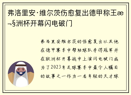 弗洛里安·维尔茨伤愈复出德甲称王欧洲杯开幕闪电破门