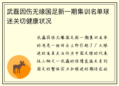武磊因伤无缘国足新一期集训名单球迷关切健康状况